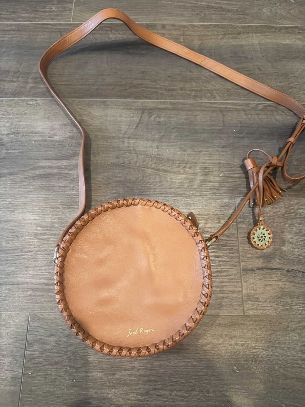 Jack Rogers Tan leather Round Woven-Trim Crossbody with Tassel Charm, new